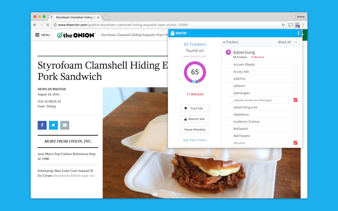 Track not found. Ghostery. Tracker ads. Sandwich ads.