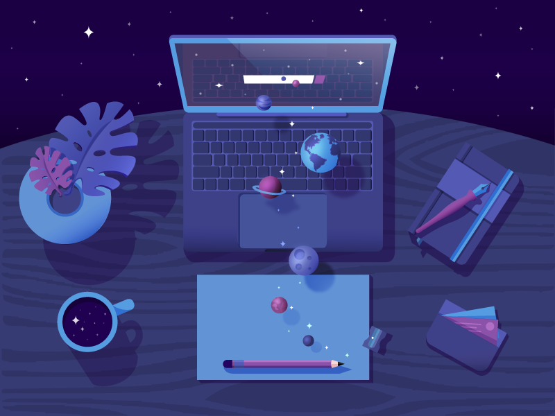 Desk with space illustration by Joanna Nowak
