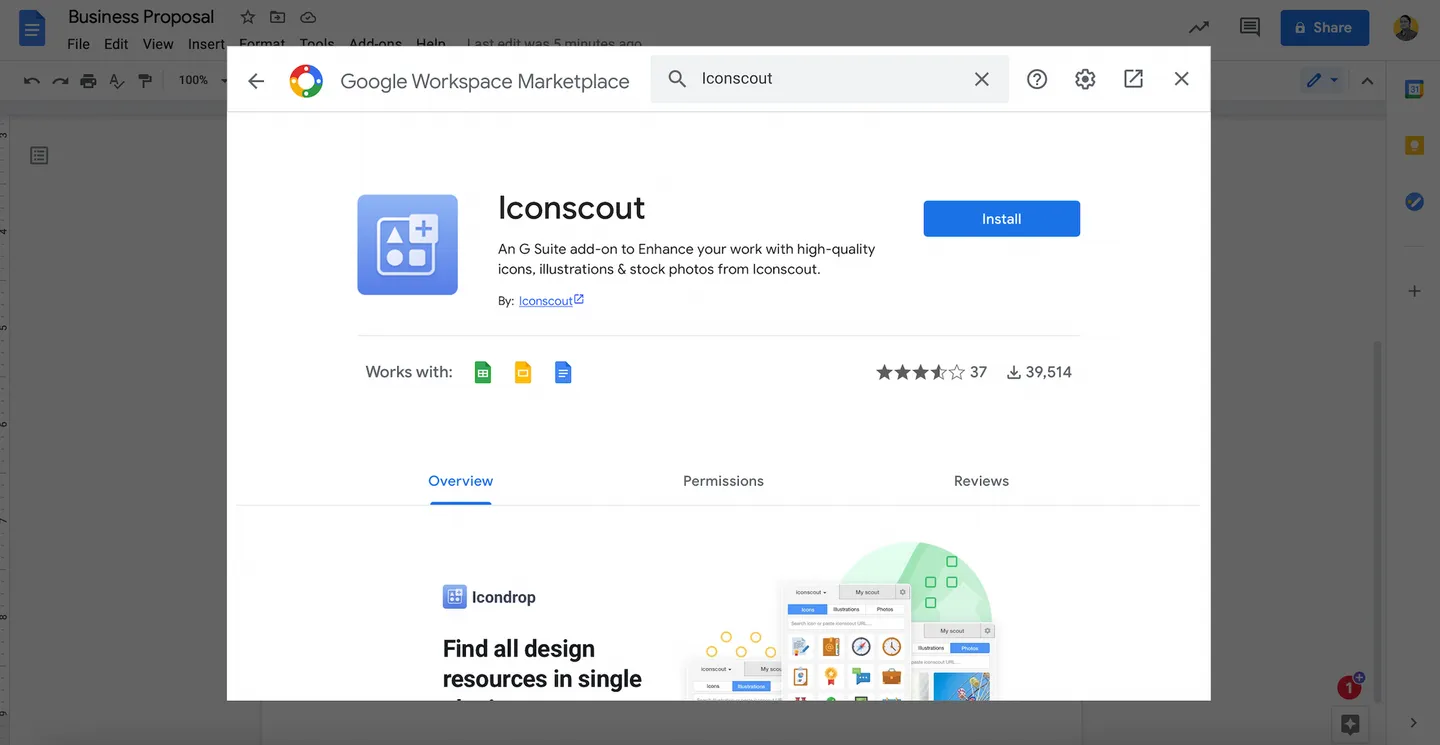 Search Iconscout in the add-ons store and click Install