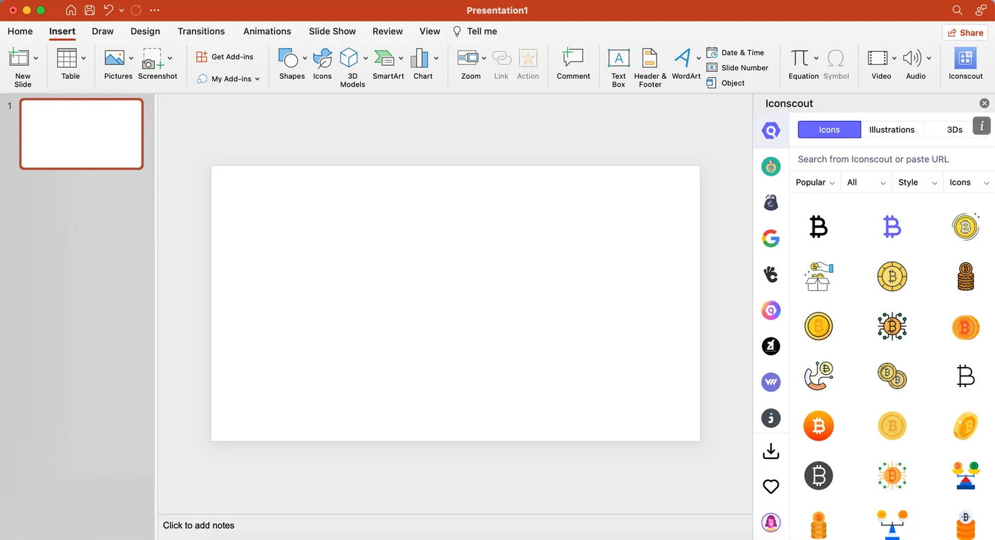 Microsoft Powerpoint Interface after login in to the Iconscout plugin 